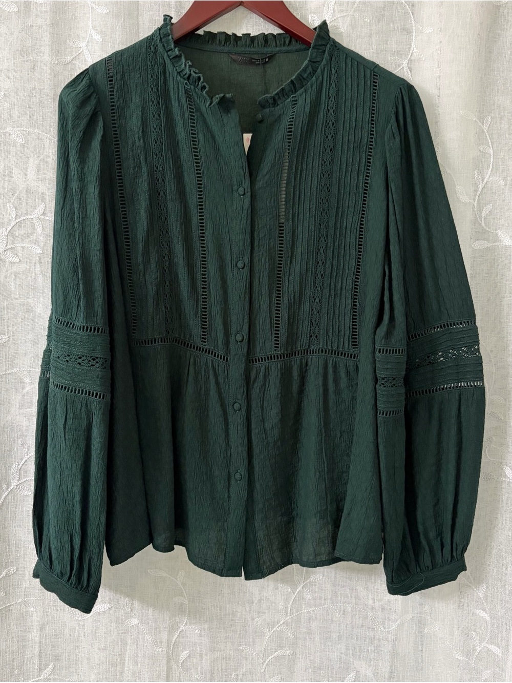 Zara Dark Green Button-Front Lace-Trim Blouse Size Medium